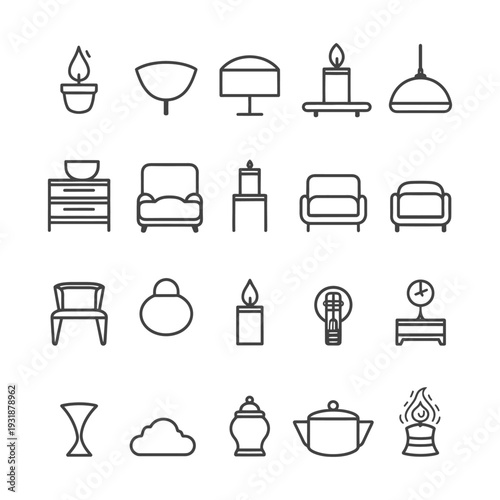 A Set of 20 Outline Icons Depicting Various Household Objects and Furniture