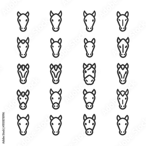 A Set of 20 Simple Line Art Horse Head Icons