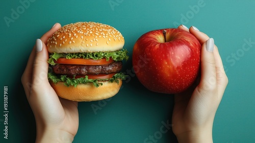Unhealthy vs healthy food. Burger and apple in different hands on green background . Choice between fast foods and vegetables