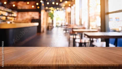 empty coffee table over defocused coffee shop background with copy space