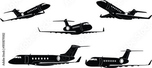 Private jet airplane silhouette set business aircraft side front view isolated black aviation vector illustration collection