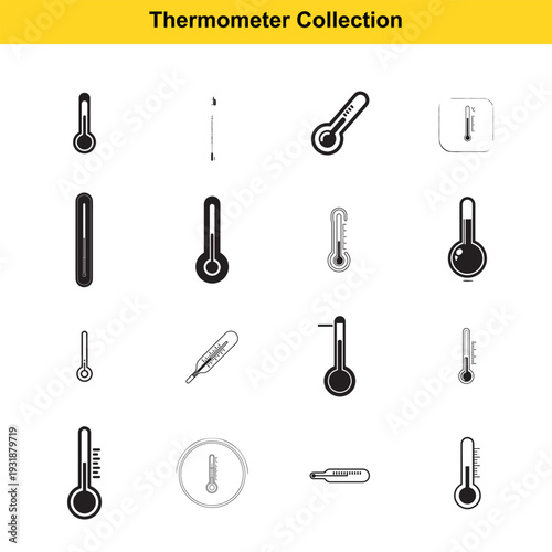 Thermometer collection displays diverse styles of temperature measuring instruments for health.
