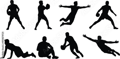 rugby, american, football, player, silhouettes, athlete, sport, action, tackle, run, ball, training, competition, black, vector, isolated, set, fitness, team, illustration