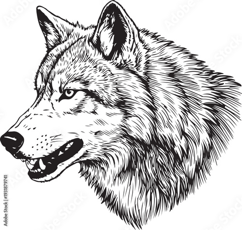 Elegant black and white illustration of a wolf’s head with detailed fur texture and expression Vector, illustration
