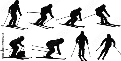 skiing, skier, winter, sport, silhouette, athlete, snow, ski, action, downhill, training, mountain, adventure, black, vector, isolated, set, extreme, motion, illustration