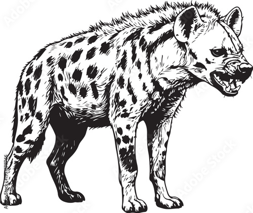 A stylized black and white illustration of a spotted hyena standing in profile Vector, illustration