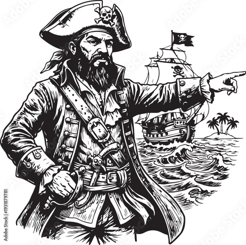 A vintage pirate pointing towards a distant ship on the horizon Vector, illustration