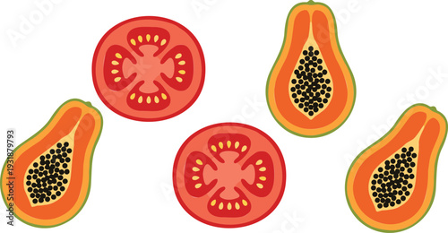 Papaya and Tomato Slices Flat Vector Illustration Set Fresh Tropical Fruits Isolated on White Background