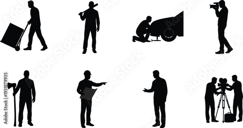 Professional worker silhouettes collection, cameraman mechanic builder lumberjack delivery man and film crew black vector illustration isolated set