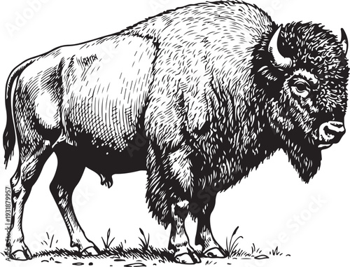 An elegant black and white sketch of a solitary american bison in its natural habitat Vector, illustration