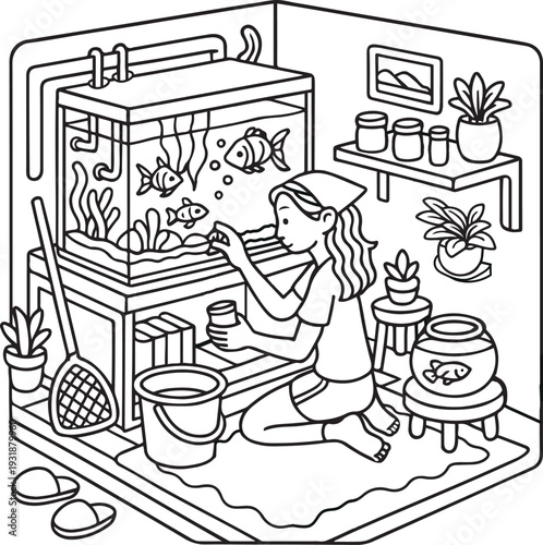 Cute Girl Coloring Page Line Art Black and White Vector EPS 10