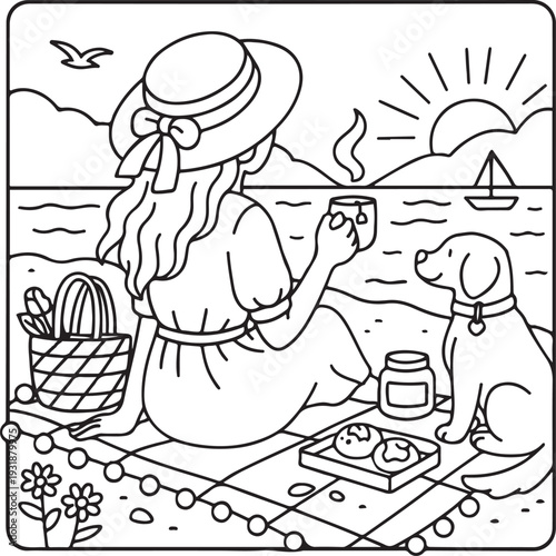 Cute Girl Coloring Page Line Art Black and White Vector EPS 10