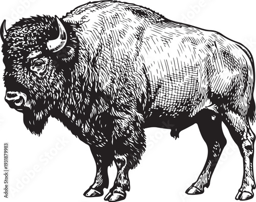 A classic illustration of a bison standing in profile view with detailed horns and fur texture Vector, illustration