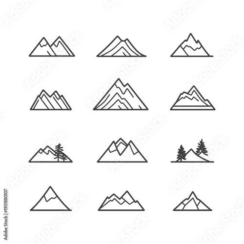 A Set of Hand-Drawn Mountain Icons in Black and White