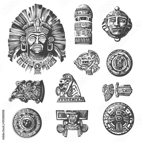 A Set of Hand-Drawn Aztec Inspired Ornaments and Designs