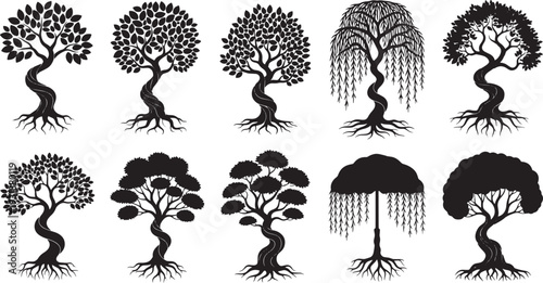 Collection of Stylized Tree Illustrations with Unique Silhouettes and Root Systems