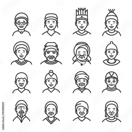 A Set of Line Art Illustrations Depicting Various Men in Different Headwear and Facial Features