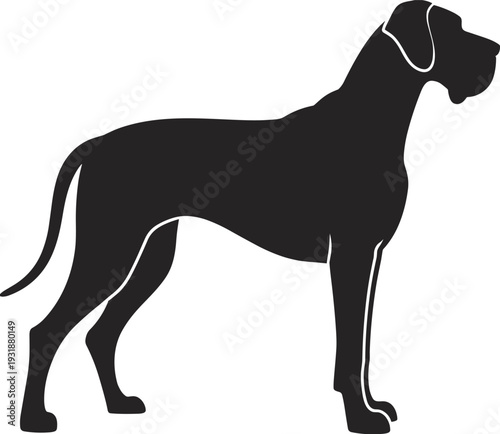 Great Dane dog silhouette illustration, large breed canine standing pose, black pet animal vector isolated on white background design art
