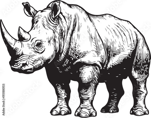 A detailed black and white sketch of a standing rhinoceros Vector, illustration