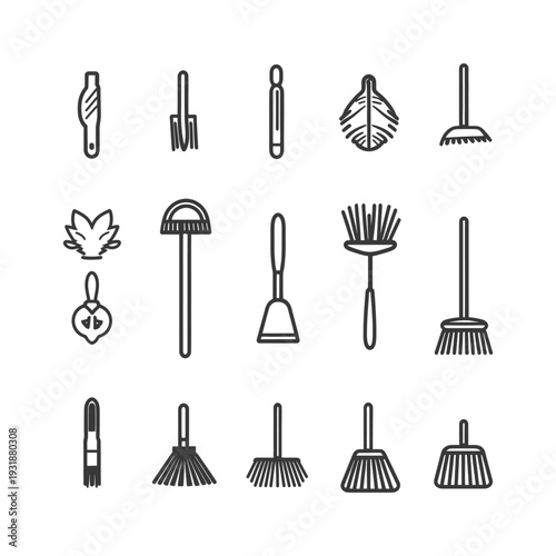 A Set of Line Drawings Depicting Various Types of Brooms and Brushes