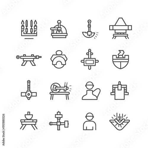 A Set of Line Icons Depicting Various Blacksmithing Tools and Techniques