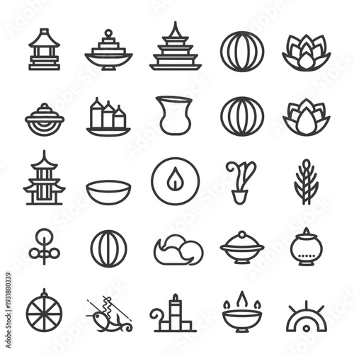 A Set of Line Icons Representing Various Buddhist and Hindu Religious Symbols