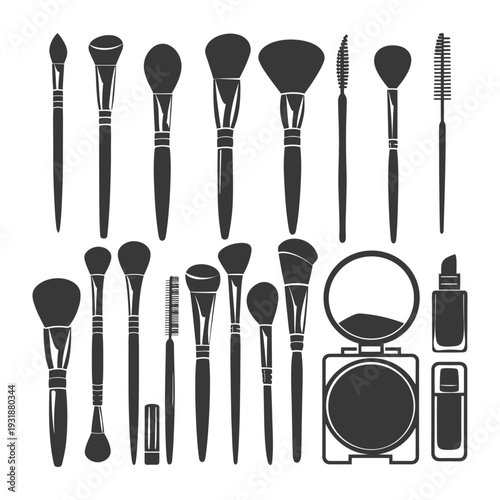 A Set of Makeup Brushes, Powder Compact, and Bottles