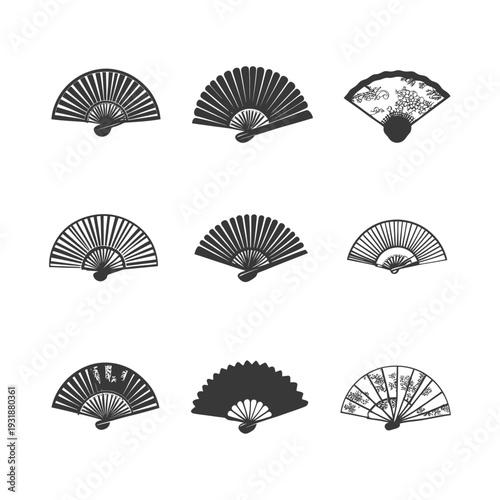 A Set of Nine Black and White Hand-Drawn Folding Fans