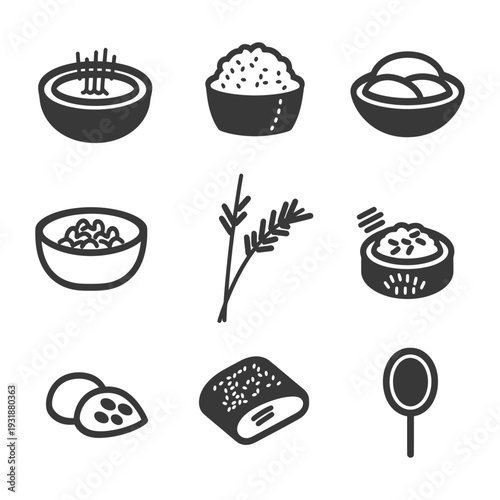A Set of Nine Black and White Icons Depicting Rice and Rice Products