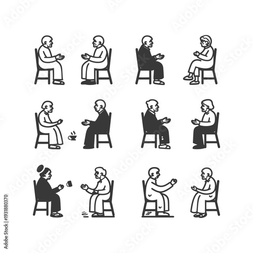 A set of nine black and white illustrations depicting elderly people sitting on chairs