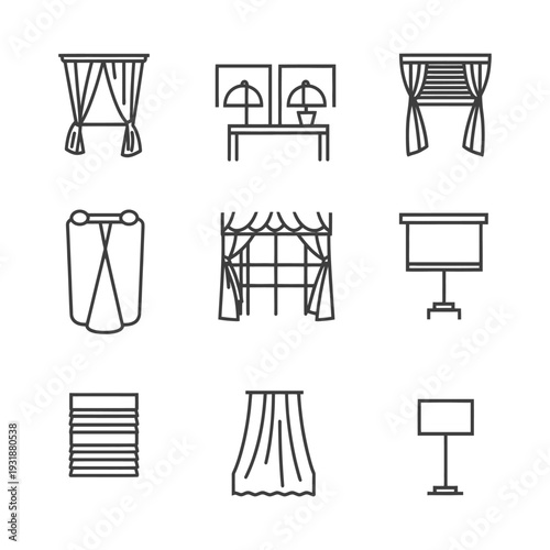 A Set of Nine Linear Icons Depicting Different Window Treatments