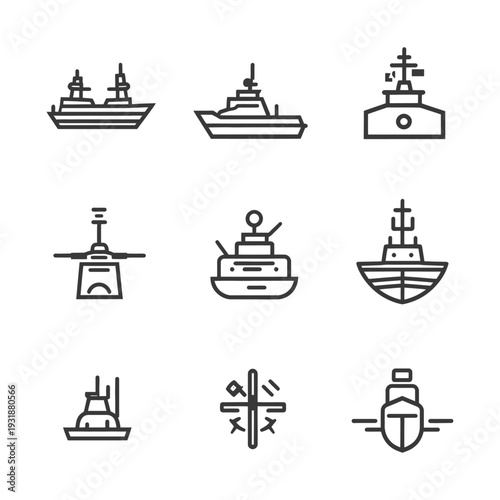 A Set of Nine Line Drawings Depicting Various Types of Boats