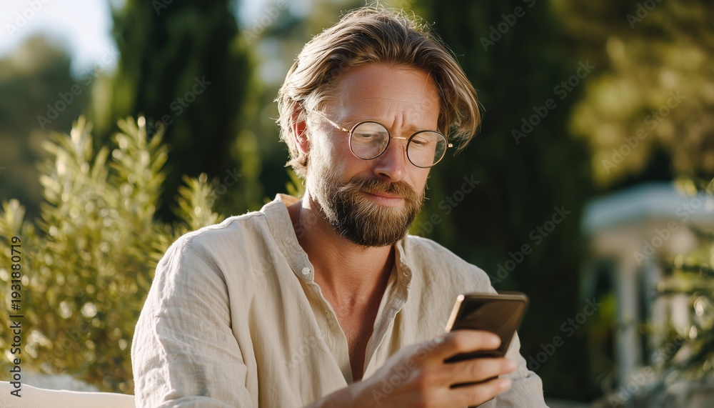 Fototapeta premium Caucasian Man With Beard And Glasses Sitting Outdoors On A Sunny Day, Using Smartphone For Sms, Internet Browsing, Video Calls. Authentic Person With Copy Space.
