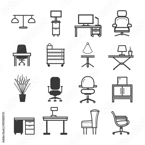 A Set of Office Furniture Icons in Black and White