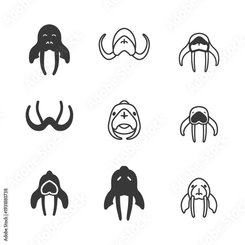 A Set of Nine Walrus Icons in Different Styles and Colors