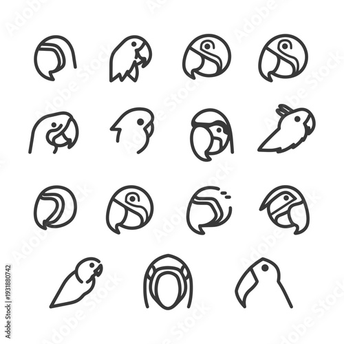 A Set of Parrot Bird Icons in Outline Style