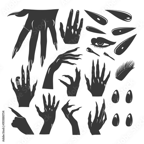 A Set of Silhouettes Depicting Hands with Long Fingernails and Other Beauty Elements