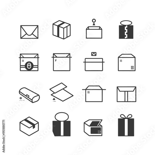 A Set of Simple Black and White Line Icons Depicting Various Shipping Boxes and Envelopes