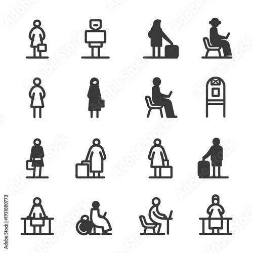 A Set of Simple Icon Illustrations Depicting People Traveling in an Airport