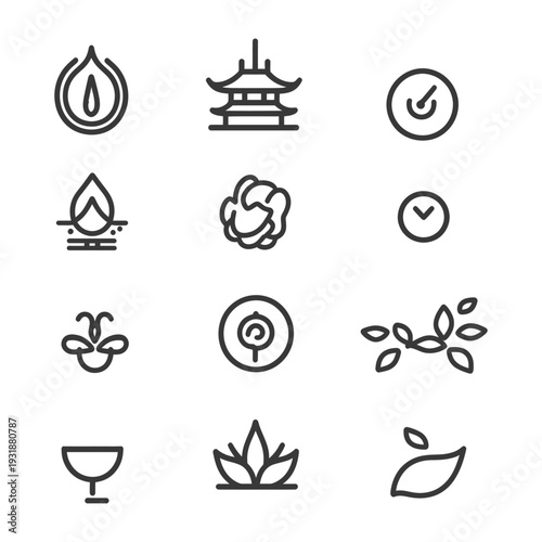 A Set of Simple, Line-Drawn Asian-Inspired Icons