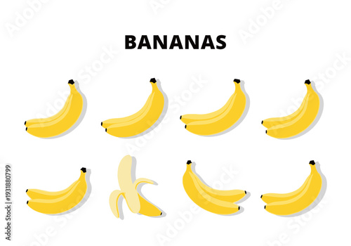 Yellow bananas illustrated in two rows including one partially peeled