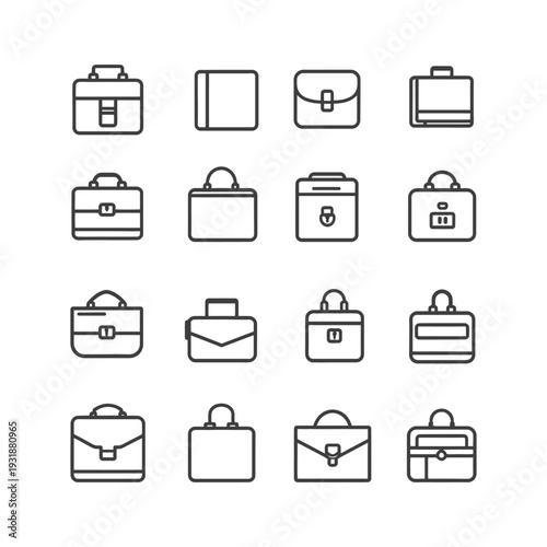 A Set of Sixteen Black and White Line Art Briefcase Icons