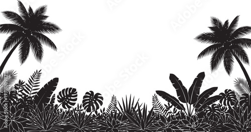 Tropical landscape illustration featuring palm trees and lush foliage in a serene natural setting from a distant viewpoint