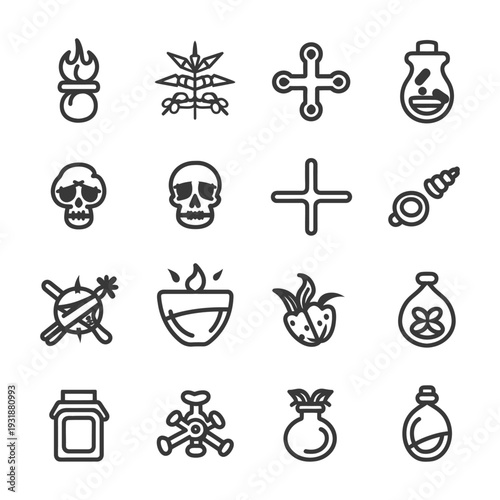 A Set of Sixteen Black and White Potion Bottle Icons