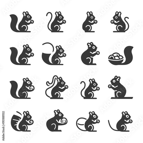 A Set of Sixteen Black Squirrel Icons in Various Poses