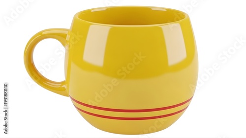 A bright yellow ceramic mug with red stripes on transparent background