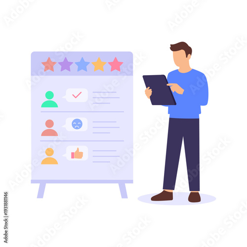 Managing Course Reviews, Monitoring feedback and improving course quality, Flat vector character illustration