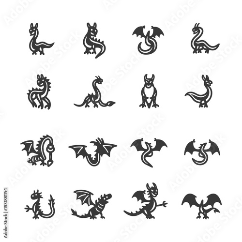 A Set of Sixteen Dragon Icons in Black and White