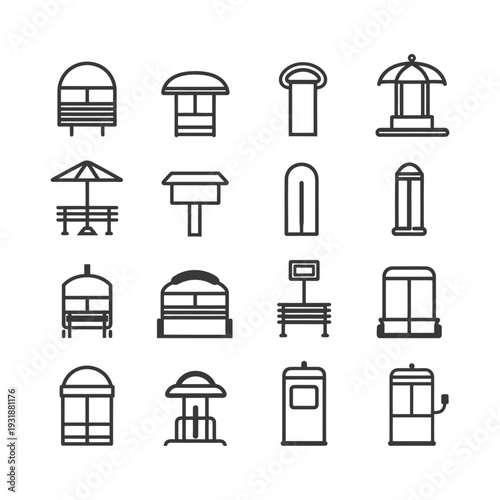 A Set of Sixteen Line Drawings Depicting Outdoor Shelters and Structures