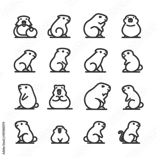 A Set of Sixteen Line Drawings of Groundhogs in Various Poses